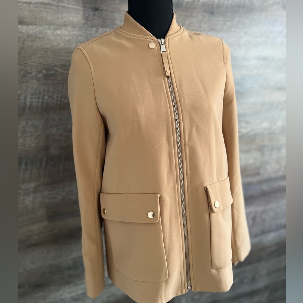 H&M Jacket Salehm Tan Zippered Coat With Gold Button‎ blazer jacket S size 4